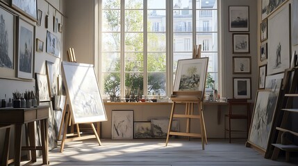 Serene Art Studio Canvases Stand Quietly Bathed in Sunlight in a Large Window Room