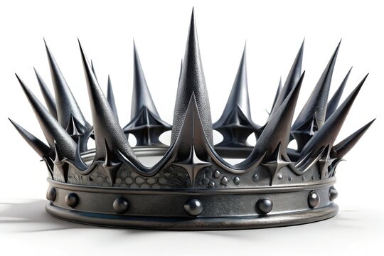 Forged iron crown, spiked and gothic, 3D rendered on a pristine white background; a dark fantasy masterpiece.