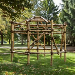 Serene Bamboo Structure Framework Standing on the Green Grass in Park Setting Sunlight.