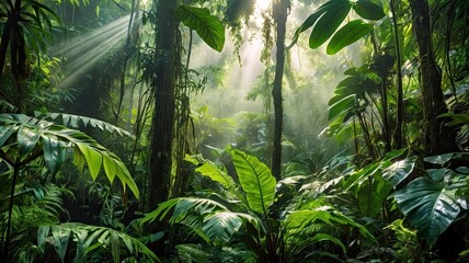 A vibrant and dense tropical rainforest with sunlight streaming through the canopy, highlighting various exotic plants and large green leaves. Mist rises in the background, creating a dreamy