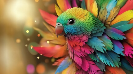 Obraz premium A beautifully detailed, vividly colored parrot showcases its stunning feathers, capturing the essence of nature's artistry and the beauty of wildlife in a dreamy atmosphere.