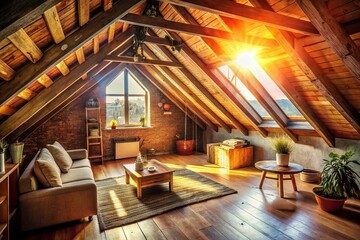 Naklejka premium Candid Photo: Attic Room with Sloping Roof and Natural Light