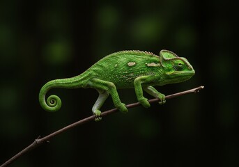 Obraz premium A realistic portrait photograph of a chameleon walking on tree, featuring a dark forest background with back daylight