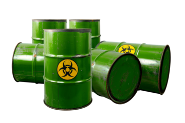 Barrel with toxic waste. Biohazard warning sign. Rusty dangerous barrel with pathogens, or other toxins on isolated background