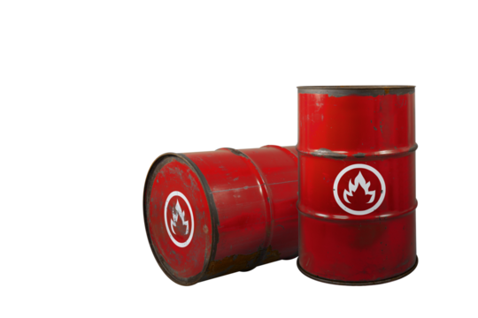 Red barrel or oil-drums with a flammable sign. Rusty dangerous barrel with fuel or crude oil on isolated background