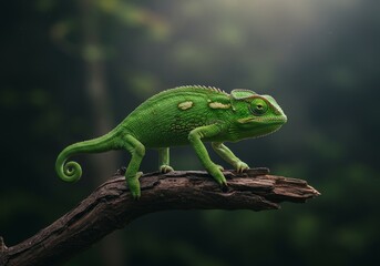 Fototapeta premium A realistic portrait photograph of a chameleon walking on tree, featuring a dark forest background with back daylight