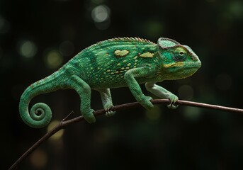 Fototapeta premium A realistic portrait photograph of a chameleon walking on tree, featuring a dark forest background with back daylight