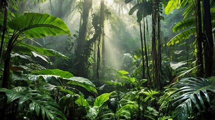 A vibrant and dense tropical rainforest with sunlight streaming through the canopy, highlighting various exotic plants and large green leaves. Mist rises in the background, creating a dreamy