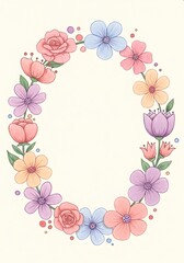 Fototapeta premium A wreath of hand-drawn whimsical flowers in pastel shades encircling a blank text area