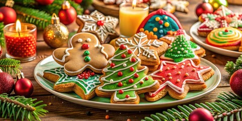 Naklejka premium Colorful, elaborately decorated Christmas cookies arranged on a festive table setting with a variety of sweet treats and holiday decorations, treats, festive food