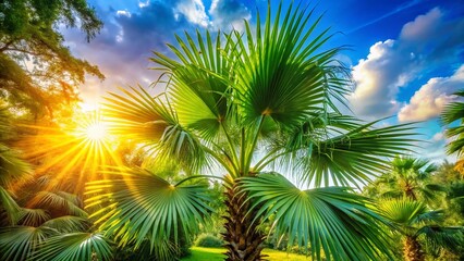 Fototapeta premium Candid Summer Scene: Chinese Palm Tree, Lush Greenery, Sunlight