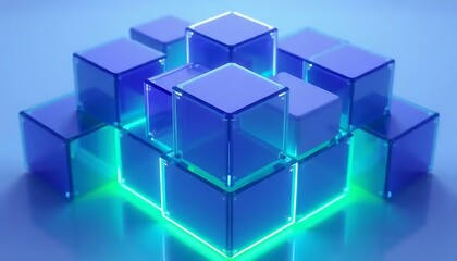 Fototapeta premium Blue Cubes Glowing Neon Green Light Abstract Design