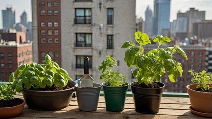 pair of hands planting herbs like basil and parsley in small pots on a balcony, with gardening tools, soil, and a watering can in view. The background shows an urban cityscape.