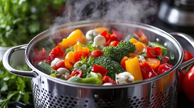 A steaming vegetable steamer filled with colorful fresh vegetables in a kitchen setting, symbolizing healthy cooking, nutrition, and vibrant food choices for lifestyle and culinary themes.