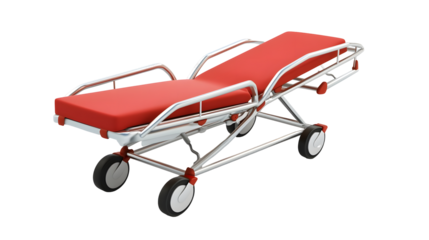 Red Emergency Stretcher with Wheels for Hospital and Medical Care Transport isolated on transparent or white background, png