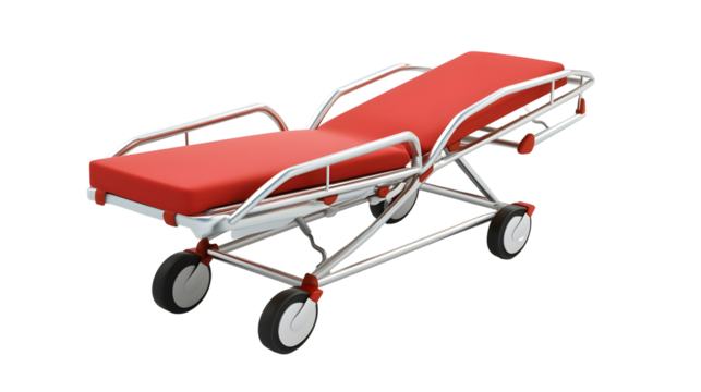 Red Emergency Stretcher with Wheels for Hospital and Medical Care Transport isolated on transparent or white background, png