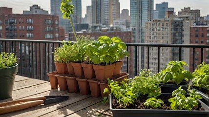 pair of hands planting herbs like basil and parsley in small pots on a balcony, with gardening tools, soil, and a watering can in view. The background shows an urban cityscape.