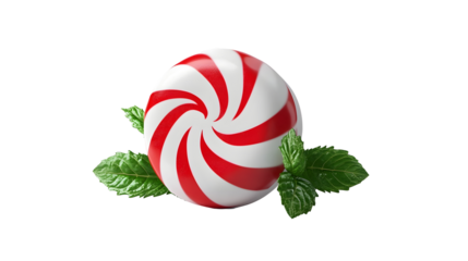 Striped Peppermint Candy with Fresh Mint Leaves isolated on transparent or white background, png