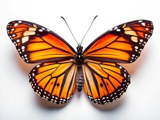 Fototapeta premium High-resolution macro photograph of a monarch butterfly, isolated on a white background, showcasing its vibrant orange and black stripes.