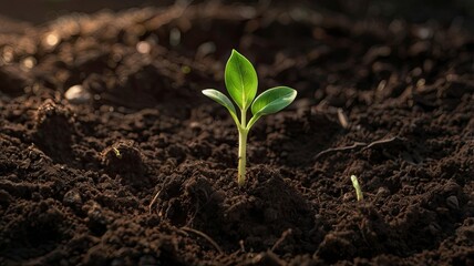 A macro shot of a single green seedling emerging from rich, dark soil, with soft morning light illuminating the sprout. The image symbolizes growth, sustainability, and new beginnings