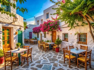 Fototapeta premium Charming Amorgos Island Square: Greek Taverna Tables & Chairs, Vertical Photo