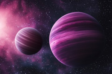 Two planets in space, with dark purple and pink colors, surrounded by stars against a galactic background.