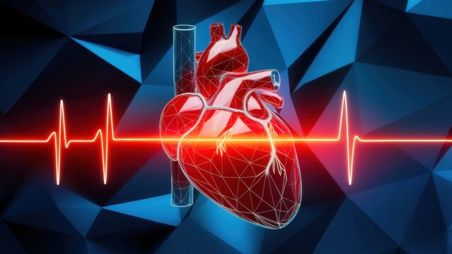 A human heart with a red heart pulse line. The heart is depicted in a low-poly style, on a blue geometric abstract background. The concept is dedicated to World Heart Day.