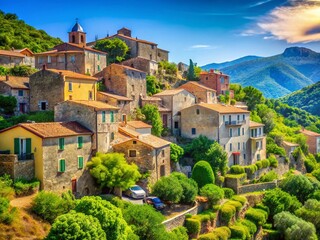 Obraz premium Charming Village Corse: Rustic Stone Houses & Rolling Hills - Copy Space