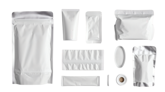 Set of different types of white doypack, isolated on white background.