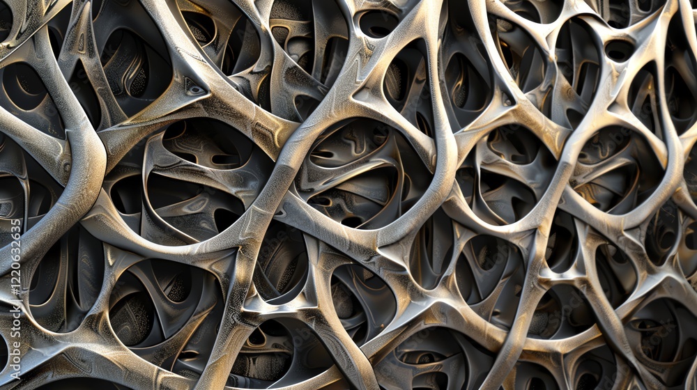 Poster a detailed, abstract, 3d rendering of a complex, interwoven metallic structure with a rough and text