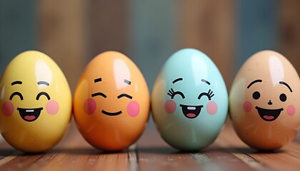 Four vibrant eggs featuring happy faces are lined up against a warm wooden background, celebrating joy and creativity in a fun and inviting environment