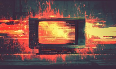 Vintage TV Glitch with Fiery Static, Retro 80s VHS Transmission Error, Analog Signal Distortion, Sci-Fi Video Pixel Noise, Grunge Vignette Border, Night Explosive Atmosphere, Generative AI