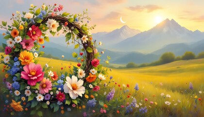 Fototapeta premium Vibrant Floral Wreath Mountain Sunset Landscape Idyllic Scene