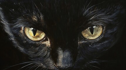 Close-up of a black cat's face with striking yellow eyes.