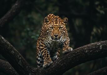 Obraz premium A realistic portrait photograph of a leopard on a tree, featuring a dark forest background with back daylight