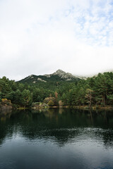 Fototapeta premium Lago en el bosque con pinos y montaña de fondo en la Barranca, Sierra de Madrid
