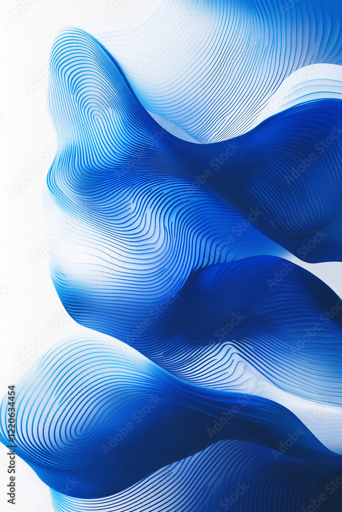 Poster Abstract flowing blue and white shapes with striped patterns and dynamic textures