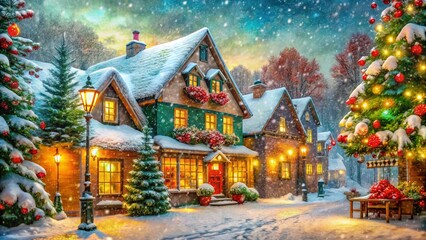 Fototapeta premium Christmas Watercolor Background: Falling Snow, Festive Architecture