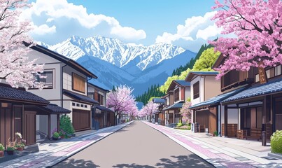 Traditional Japanese Town Street with Wooden Homes in Spring, Serene Anime Style Background with Blooming Cherry Blossoms, Mountains in Background, Ideal for Tranquil Scenes and Cultural Designs, 