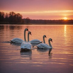 A swan family gliding on a calm lake under a pink and orange sunset.