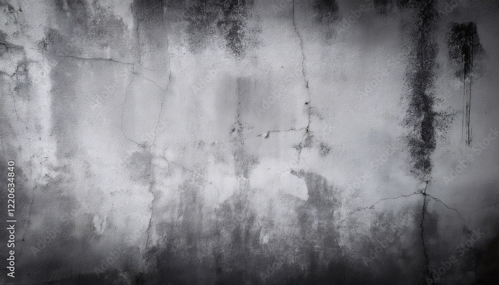 Aufkleber close up view of a weathered concrete wall featuring cracks and dark stains, creating an abstract an