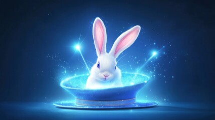 A white rabbit magically appears from a blue top hat, surrounded by glowing particles.