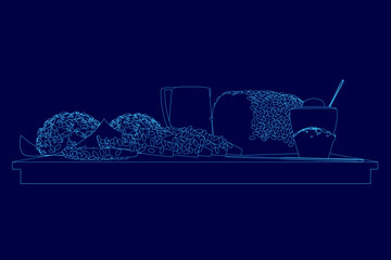 Blue drawing of food on a table. The food includes a sandwich, a bowl of food, and a cup. Scene is casual and relaxed, as the food is laid out on a table for easy access