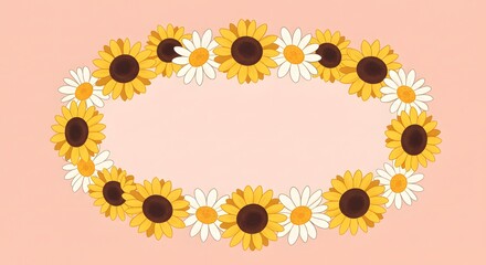 Cute cartoon-style daisies and sunflowers forming a circular floral frame around blank space