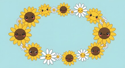 Cute cartoon-style daisies and sunflowers forming a circular floral frame around blank space