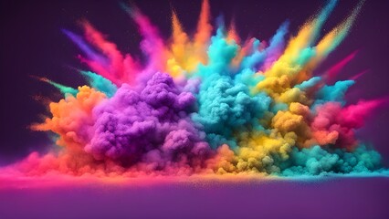 Vibrant explosion of multicolored powder creating a dramatic, colorful cloud against a dark purple background.