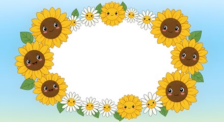 Cute cartoon-style daisies and sunflowers forming a circular floral frame around blank space