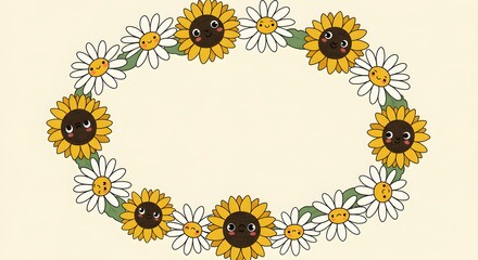 Cute cartoon-style daisies and sunflowers forming a circular floral frame around blank space