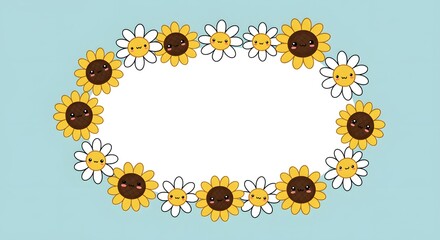Cute cartoon-style daisies and sunflowers forming a circular floral frame around blank space