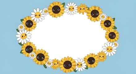 Cute cartoon-style daisies and sunflowers forming a circular floral frame around blank space